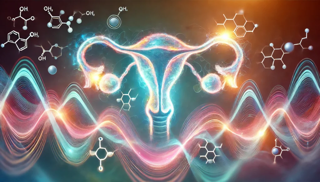 A conceptual medical illustration of fluctuating follicle-stimulating hormone (FSH) levels during perimenopause, featuring glowing hormonal waves transitioning from vibrant to muted colors, with subtle depictions of the ovaries and endocrine system.