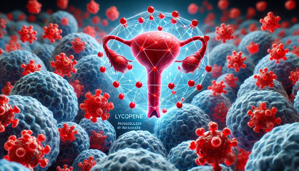 A futuristic visualization of lycopene molecules as glowing red structures interacting with healthy blue prostate cells, representing scientific research and the protective effects of lycopene at a cellular level.