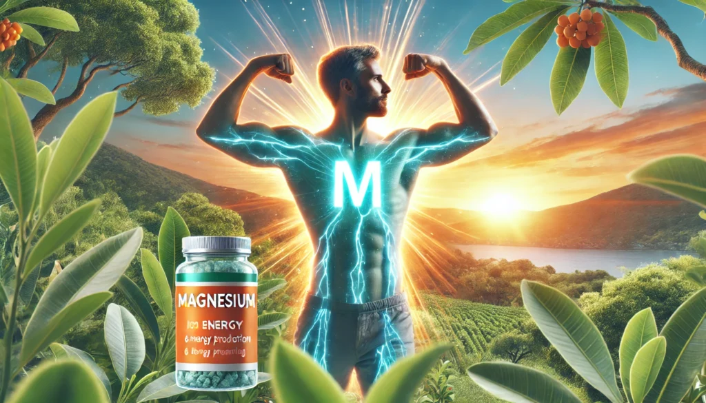 A vibrant wellness-themed composition showing a strong, energetic man enjoying a fresh morning outdoors with a sunrise in the background, symbolizing magnesium’s role in energy production and overall well-being.