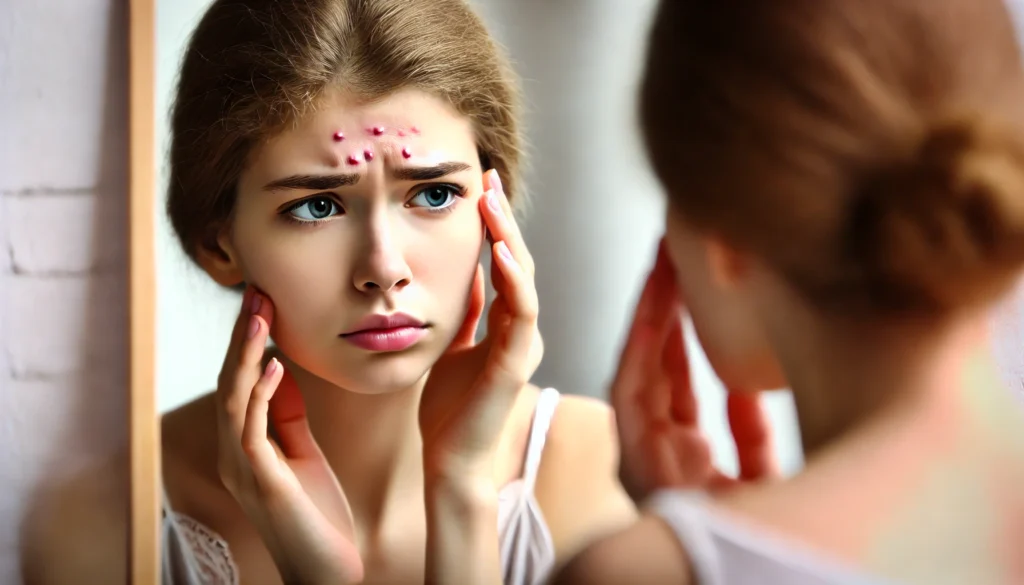 A young woman examines her skin in the mirror with a concerned expression, noticing visible acne and redness. The image symbolizes hormonal shifts and skin issues that may arise after discontinuing birth control. Soft, natural lighting highlights her emotions and physical changes.