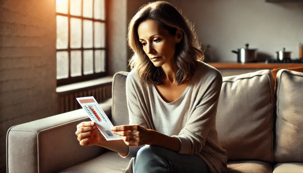 A middle-aged woman sitting on a couch, carefully examining a medical test result. Her expression conveys concern and curiosity. The warm and natural indoor lighting emphasizes self-reflection and health awareness.