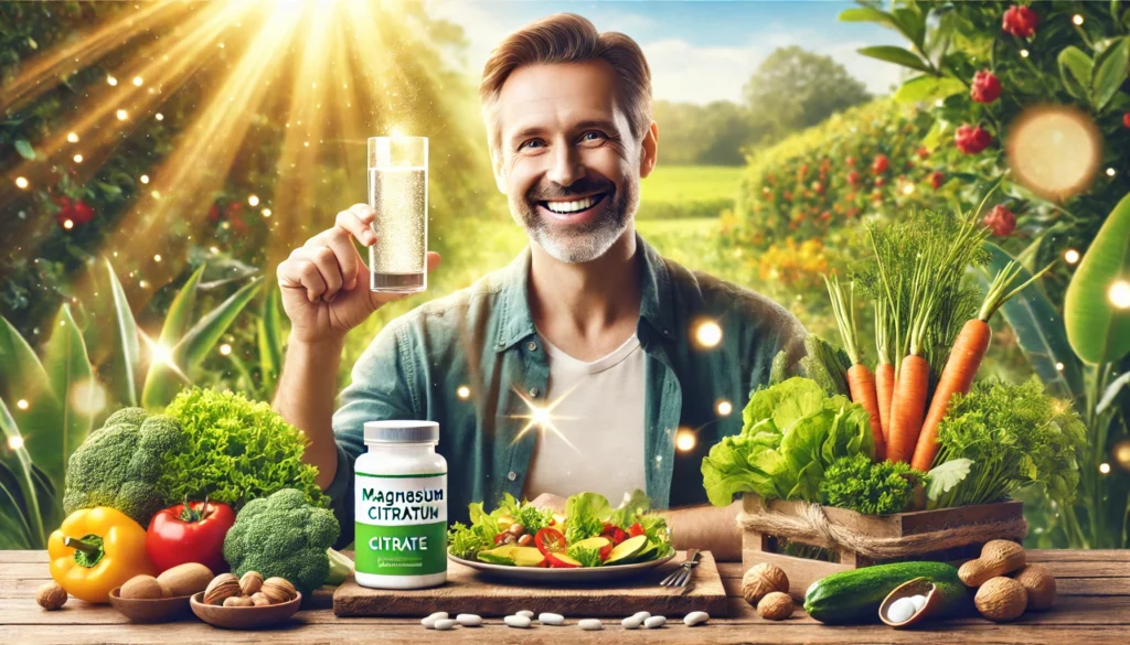 A middle-aged man outdoors, enjoying a healthy meal rich in magnesium, with fresh vegetables, nuts, and a glass of water with a magnesium citrate supplement, symbolizing overall wellness and vitality.