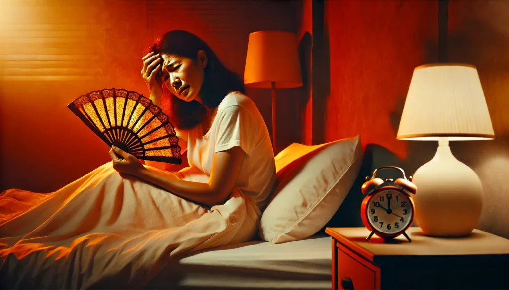 A woman waking up at night, looking distressed and sweating due to a hot flash. She is fanning herself with the bedsheet in a dimly lit bedroom with a bedside lamp. The scene has a reddish glow, symbolizing heat and discomfort.