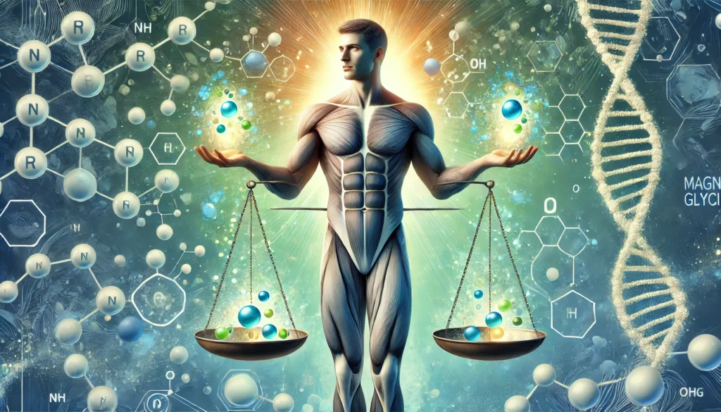 A balanced digital illustration of a fit man in a harmonious state, holding glowing orbs representing the right magnesium glycinate dosage. The background features abstract molecular structures and calming blue and green tones to symbolize moderation and wellness.