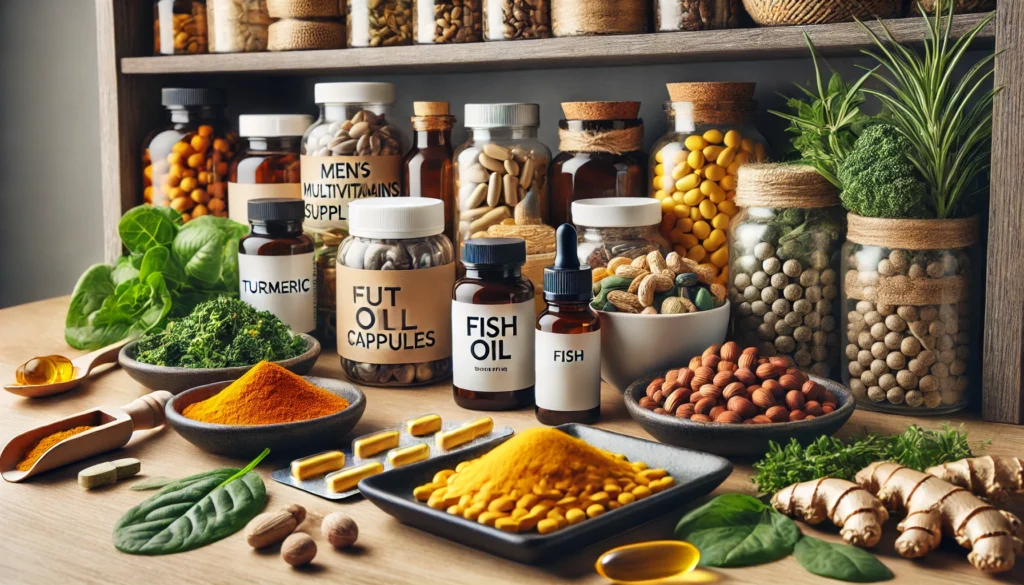 A close-up of a well-organized medicine cabinet or countertop displaying men's multivitamins and dietary supplements, complemented by natural ingredients like turmeric, fish oil capsules, leafy greens, and nuts.