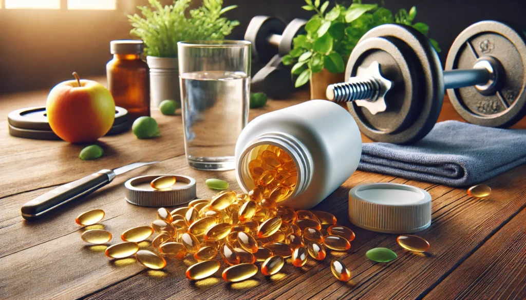 Omega-3 softgel capsules spilling from a white bottle onto a wooden surface, with a fitness-themed background including a dumbbell, a glass of water, and fresh leafy greens, representing men's health and an active lifestyle.