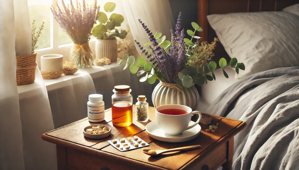 A serene morning wellness scene featuring a cup of herbal tea, a small dish of multivitamins, and a bouquet of lavender on a wooden bedside table, illuminated by soft natural light, creating a calm and healthy atmosphere that embodies self-care for women over 40.