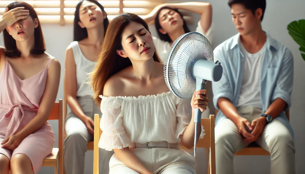 A woman experiencing a sudden hot flash, fanning herself in a cool indoor environment while looking flushed and slightly sweaty, illustrating discomfort due to hormonal changes.