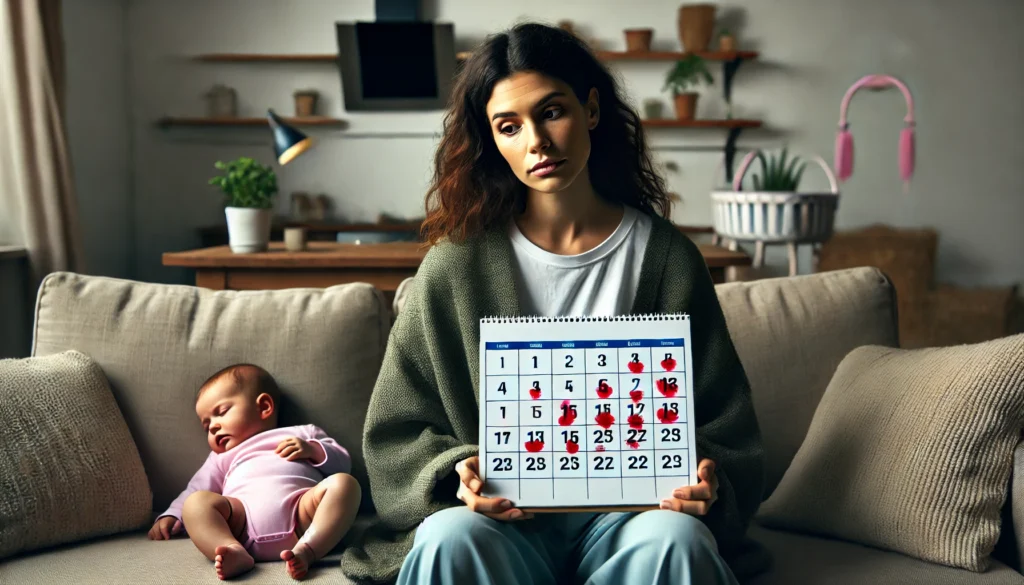 A mother sitting on a couch, holding a calendar with scattered red marks, representing irregular periods while her baby sleeps nearby.