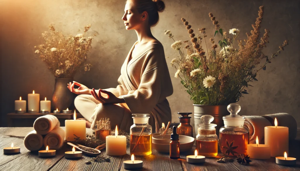  A serene spa setting with a middle-aged woman meditating, surrounded by candles, herbal teas, and essential oils, representing natural approaches to perimenopause relief.