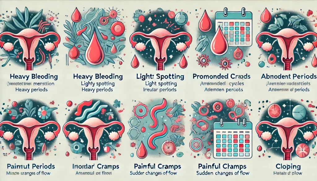 "Conceptual medical illustration divided into eight sections, visually representing different types of abnormal menstruation, including heavy bleeding, spotting, prolonged periods, irregular cycles, absent periods, painful cramps, clotting, and sudden changes in flow. The image uses symbolic elements like blood drops, calendars, and anatomical visuals."