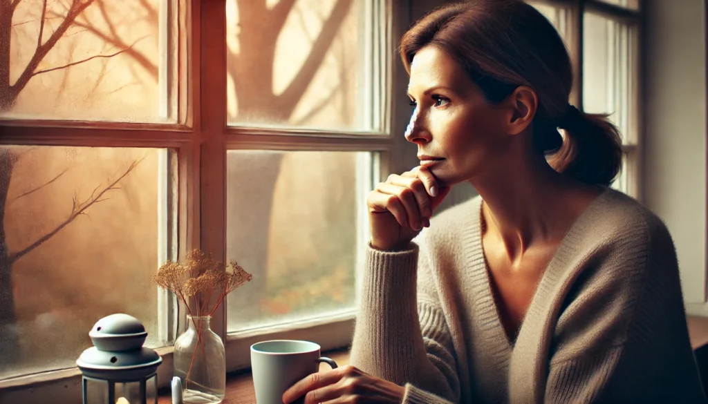  A middle-aged woman sits by a window, holding a cup of tea, lost in deep thought. The outdoor scenery subtly shifts between seasons, symbolizing hormonal changes during perimenopause. Soft, warm lighting enhances the introspective mood.