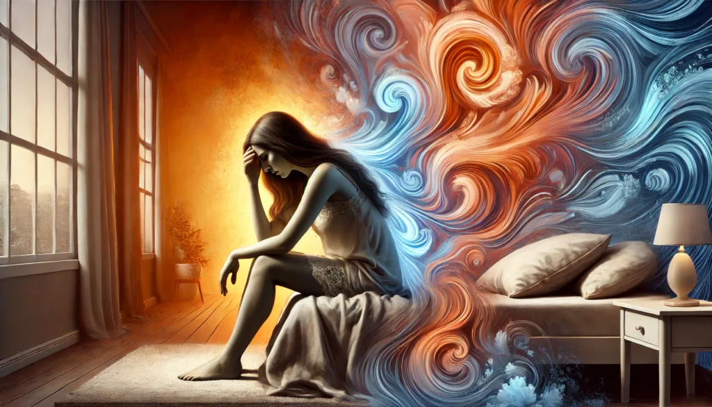  A conceptual digital painting of a middle-aged woman experiencing perimenopause mood swings. Half of her face appears calm while the other half looks distressed, surrounded by swirling warm and cool colors symbolizing emotional turbulence. The dimly lit room enhances the introspective atmosphere.