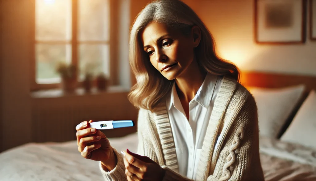 A middle-aged woman, around 45-50 years old, sits in a cozy bedroom, looking thoughtfully at a pregnancy test. The room has soft, warm lighting, reflecting her emotions and contemplation about perimenopause and fertility.