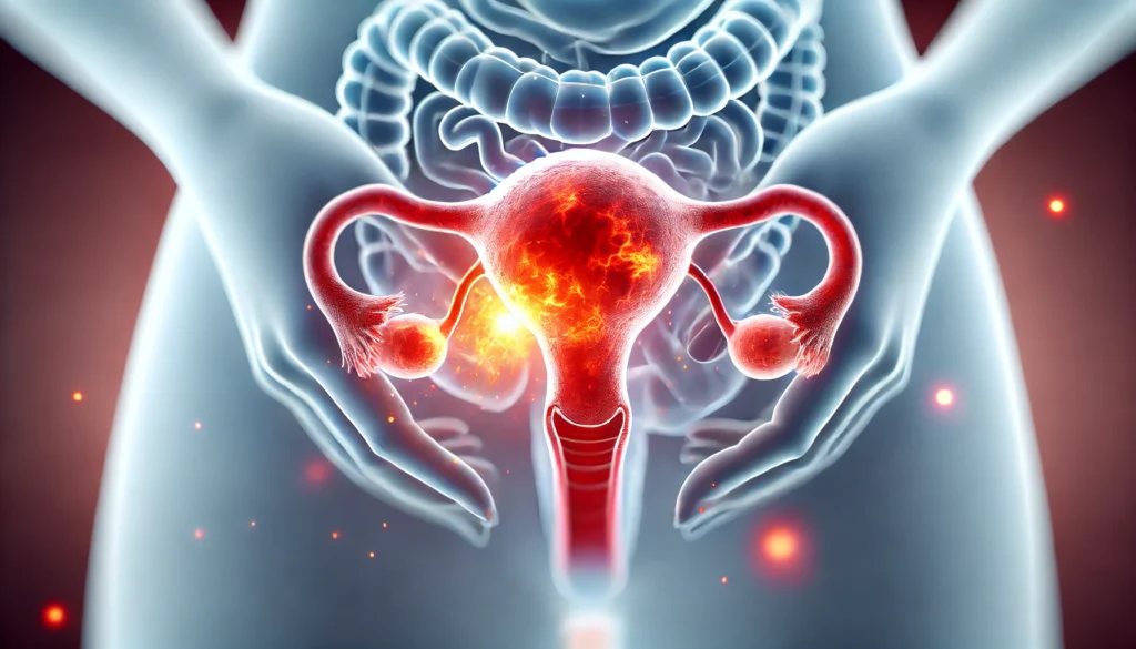  A medical-style 3D rendering of the female reproductive system, focusing on the ovaries. One ovary appears inflamed with a red glow, symbolizing discomfort and pain. The surrounding structures, including the uterus and fallopian tubes, are softly blurred to emphasize the affected ovary.