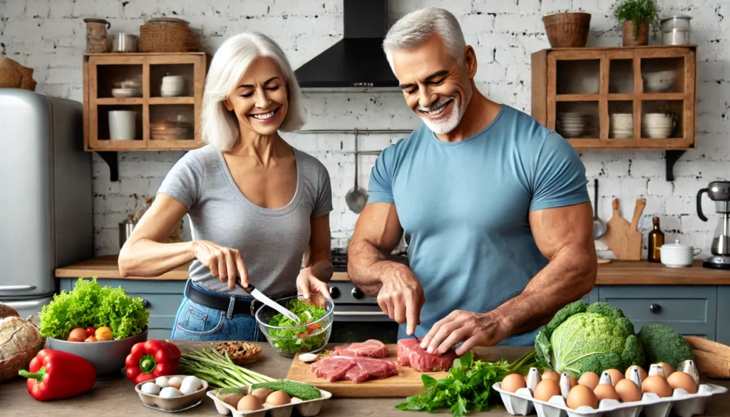 A senior couple in their 60s preparing a nutritious high-protein meal in a modern kitchen. Fresh ingredients like lean meats, eggs, and vegetables are visible, promoting healthy eating for muscle growth and longevity.