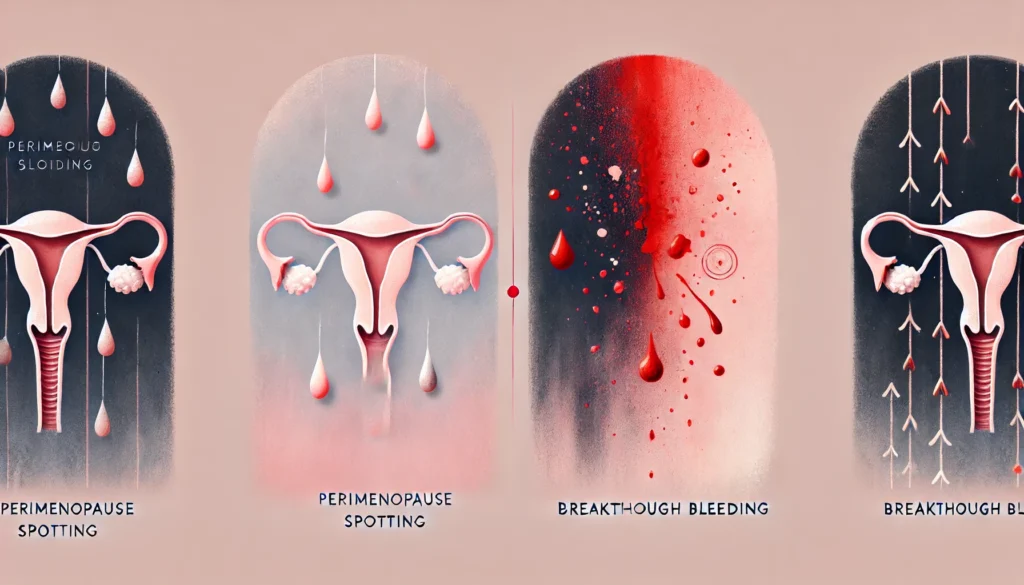 "Conceptual medical illustration of perimenopause spotting versus breakthrough bleeding. A soft, pastel-toned uterus with small red specks transitions into a deep red uterus with irregular, intense splashes, representing the change in bleeding patterns."