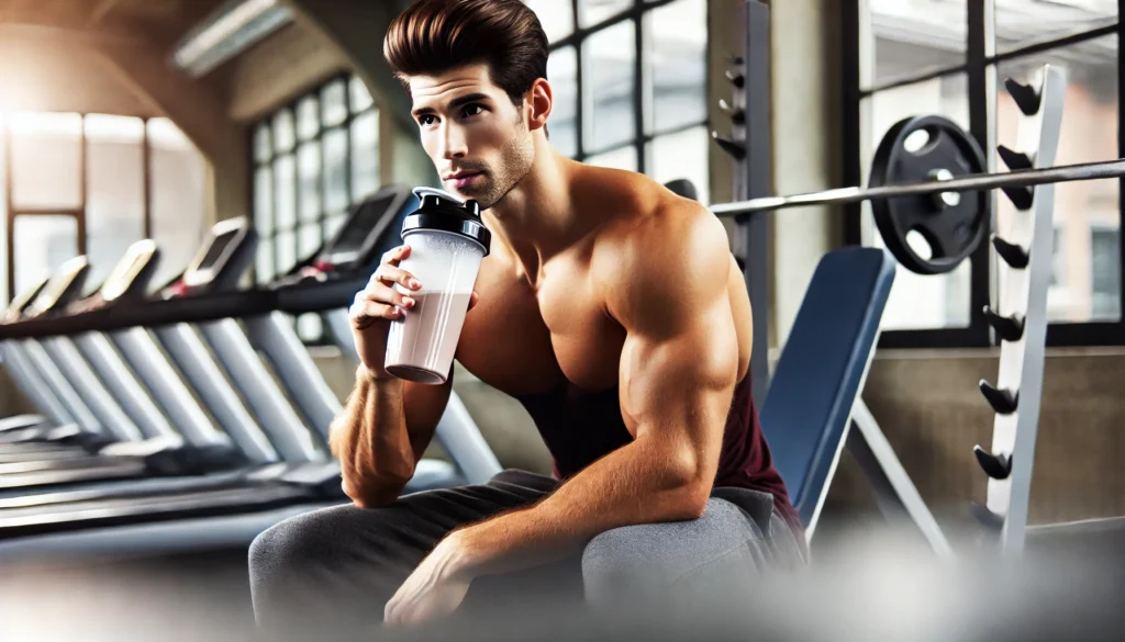 A muscular man resting on a gym bench, drinking a protein shake. He appears focused and relaxed, representing post-workout recovery and nutrition. The gym setting is modern, with fitness equipment visible in the softly blurred background.