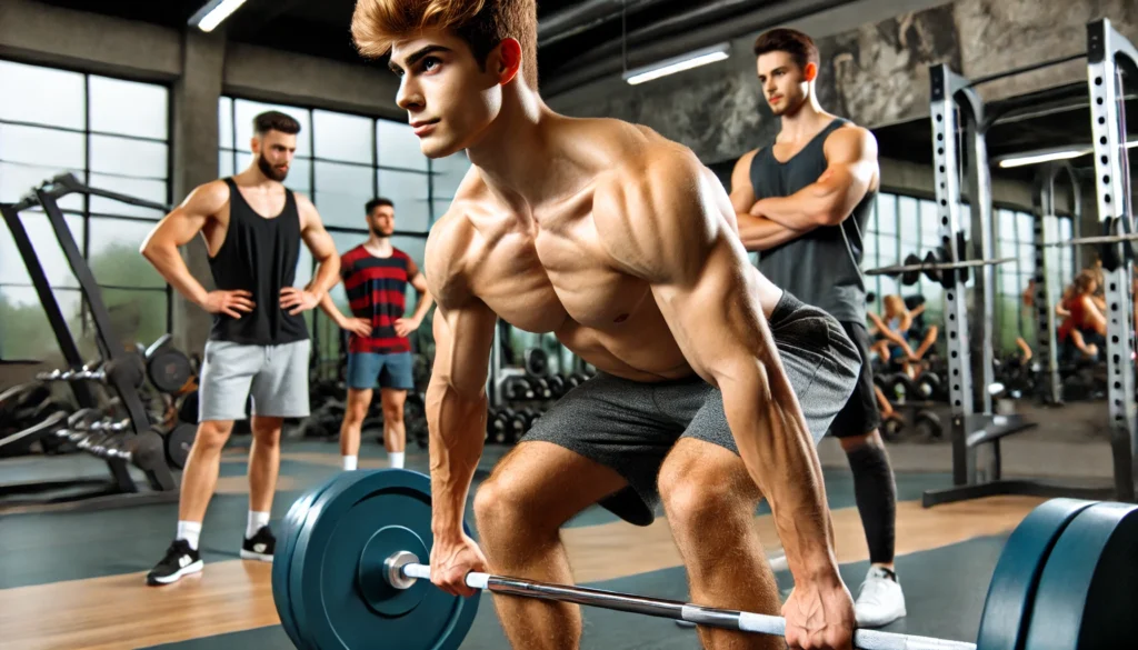 A young athlete in his early 20s executing a deadlift in a gym setting, showcasing peak muscle-building potential and the benefits of strength training across different ages.