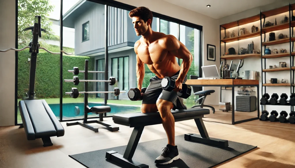 A fit, strong man performing dumbbell rows in a sleek home gym, with a workout bench, natural light, and neatly arranged fitness equipment, focusing on back muscle engagement.