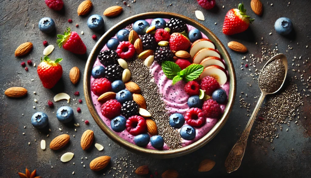 A vibrant image of a protein-rich smoothie bowl made with Greek yogurt, whey protein powder, nuts, and fresh berries, garnished with chia seeds and almond slices, presented on a dark textured surface.