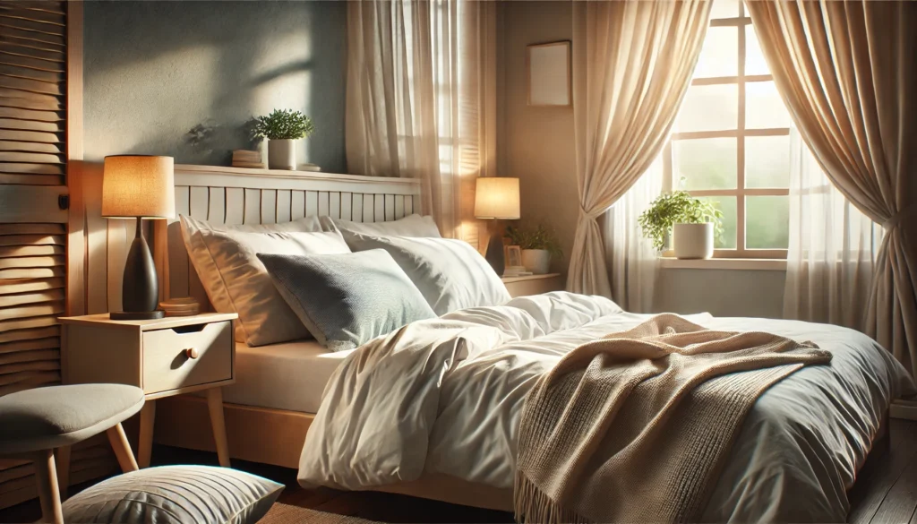 A serene bedroom with soft lighting and natural light streaming in, symbolizing the importance of quality sleep for muscle recovery.