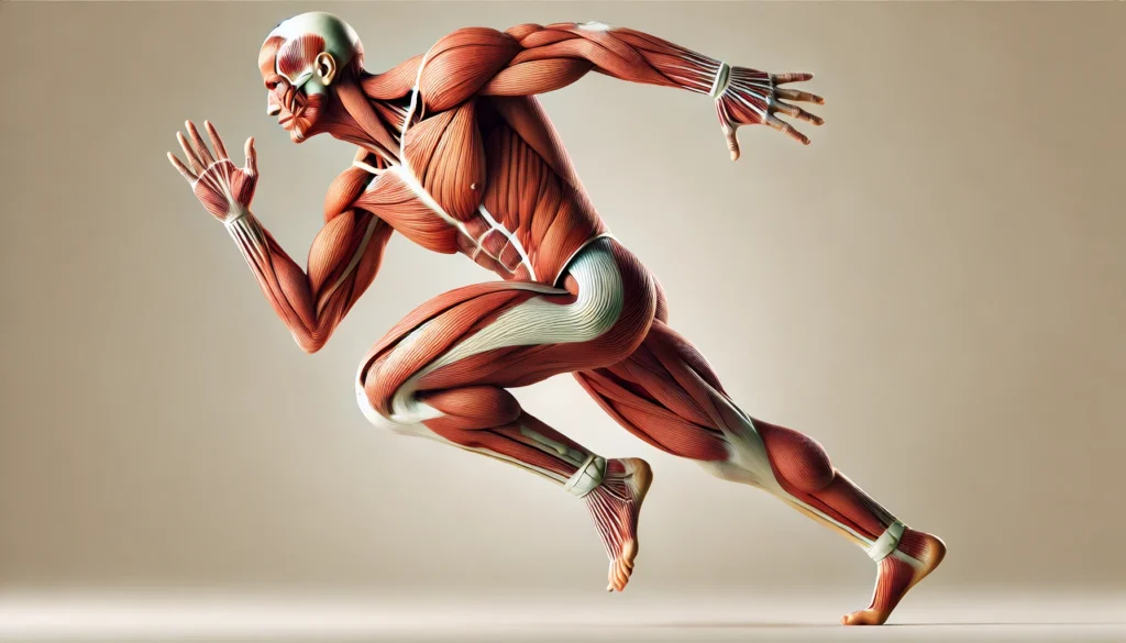 An anatomical representation of the male muscular system in a dynamic athletic pose, showing muscle engagement under tension. Ideal for understanding biomechanics and sports science.