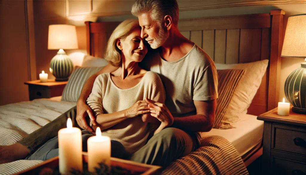 A mature couple in their 50s or 60s embraces on a cozy bed in a softly lit bedroom, illuminated by warm candlelight. Their affectionate touch and deep eye contact convey love, intimacy, and emotional bonding. The romantic atmosphere enhances relaxation and sensuality, symbolizing deep connection and sexual well-being.