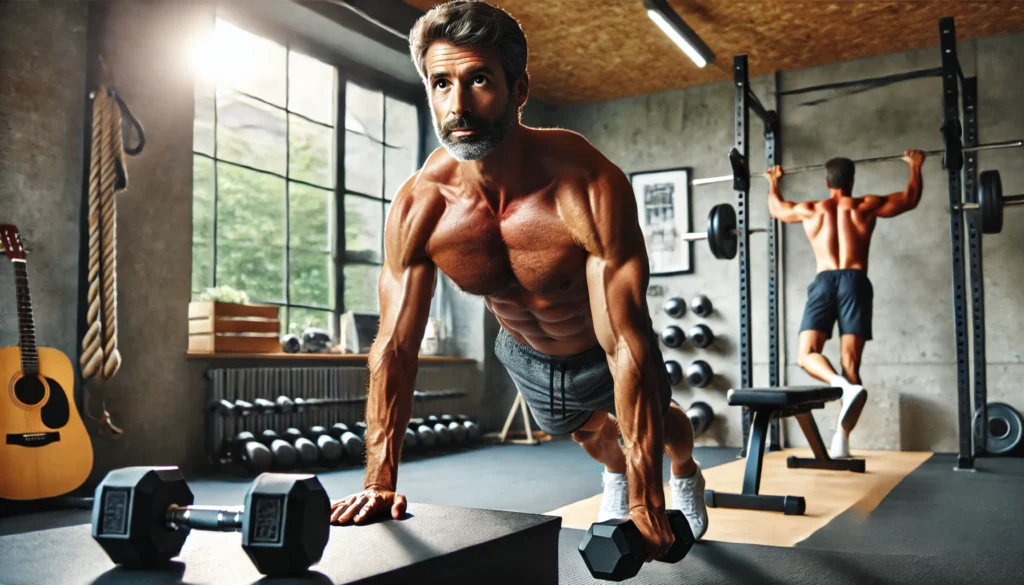 A middle-aged man working out in a well-equipped home gym, performing push-ups with perfect form. His defined muscles and determined look emphasize dedication to fitness after 40. The natural light highlights his physique and home gym setup.