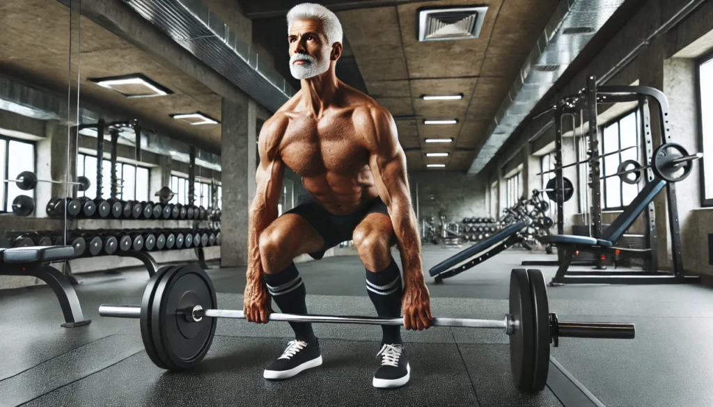 A senior man in peak physical shape executing deadlifts in a professional gym, emphasizing dedication to strength training and longevity.