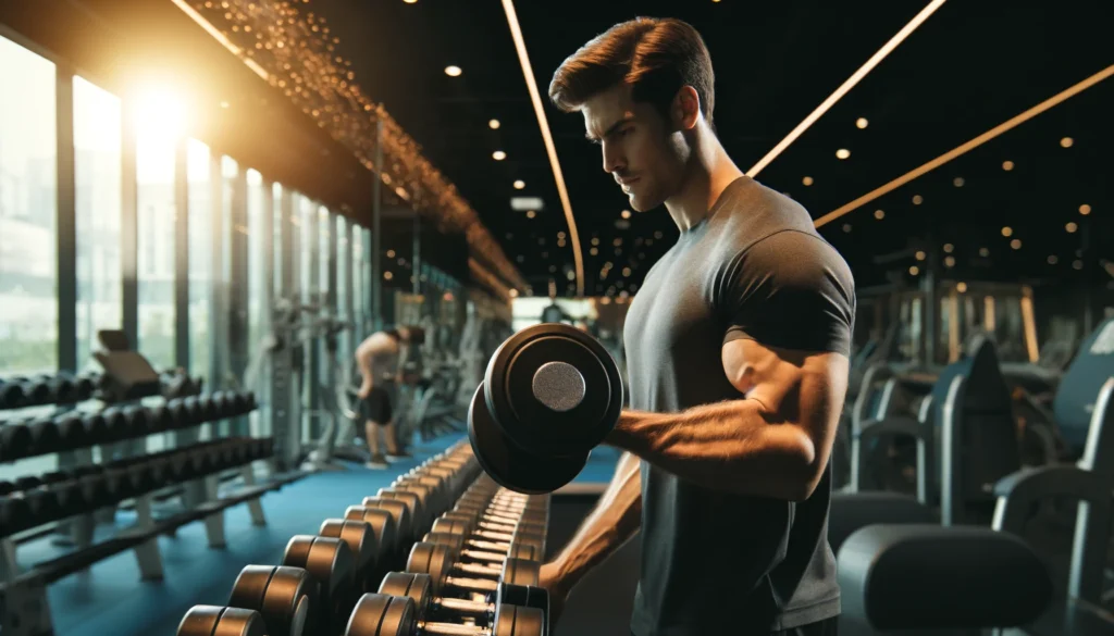 A muscular man performing an intense bicep curl with heavy dumbbells in a modern gym, emphasizing arm strength and hypertrophy. The background includes rows of dumbbells, weight machines, and gym mirrors, with lighting highlighting his bicep definition.