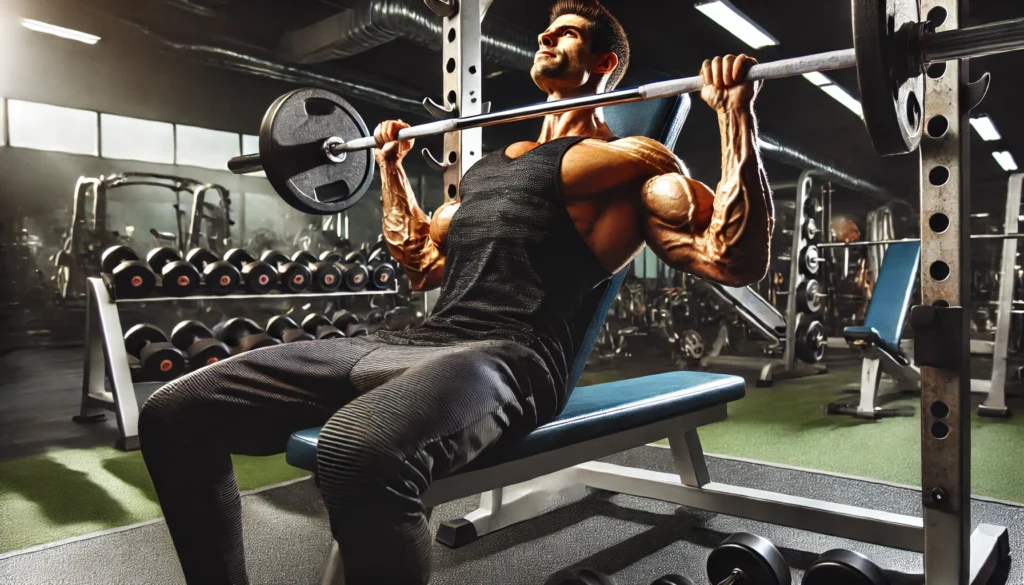 A bodybuilder performing a challenging bench press in a gym packed with dumbbells, weight plates, and strength training equipment. His upper body muscles are fully engaged, demonstrating determination and effort.