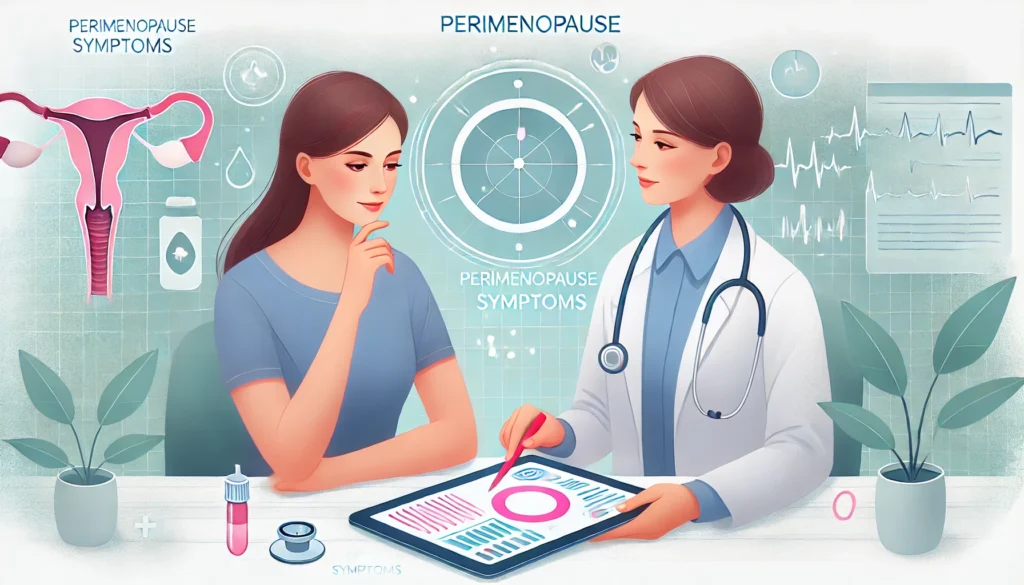 A conceptual illustration of a woman consulting with a healthcare professional about perimenopause symptoms. The doctor is displaying a digital chart with health metrics, and they are engaged in a thoughtful discussion. The background contains soft, medical-themed elements, symbolizing professional guidance and support.