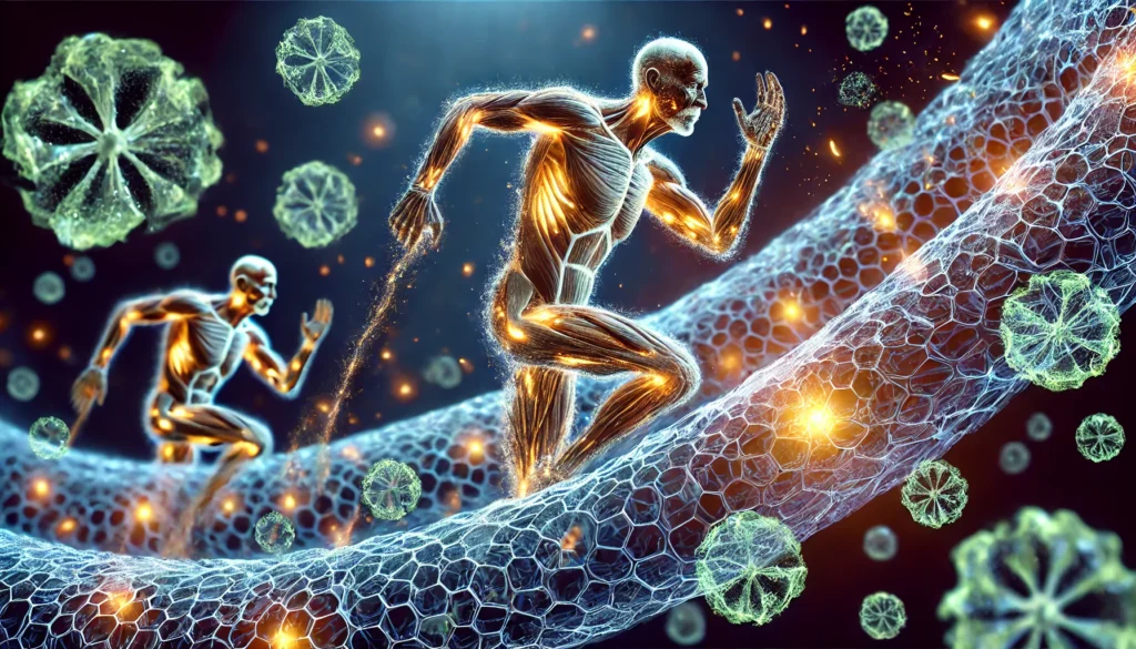 A scientific and artistic rendering of glowing muscle fibers regenerating and strengthening, symbolizing enhanced muscle health, preservation, and cellular renewal in seniors.