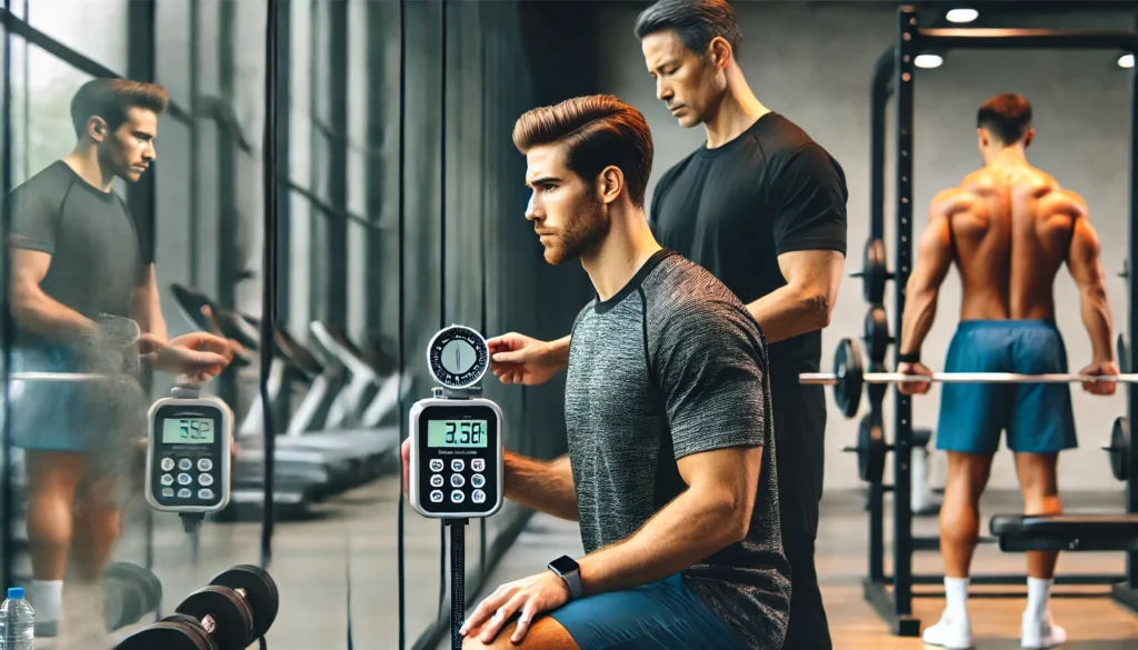 A professional trainer guiding a client through a lean muscle assessment using a caliper and a digital body composition analyzer in a modern, well-lit gym setting.