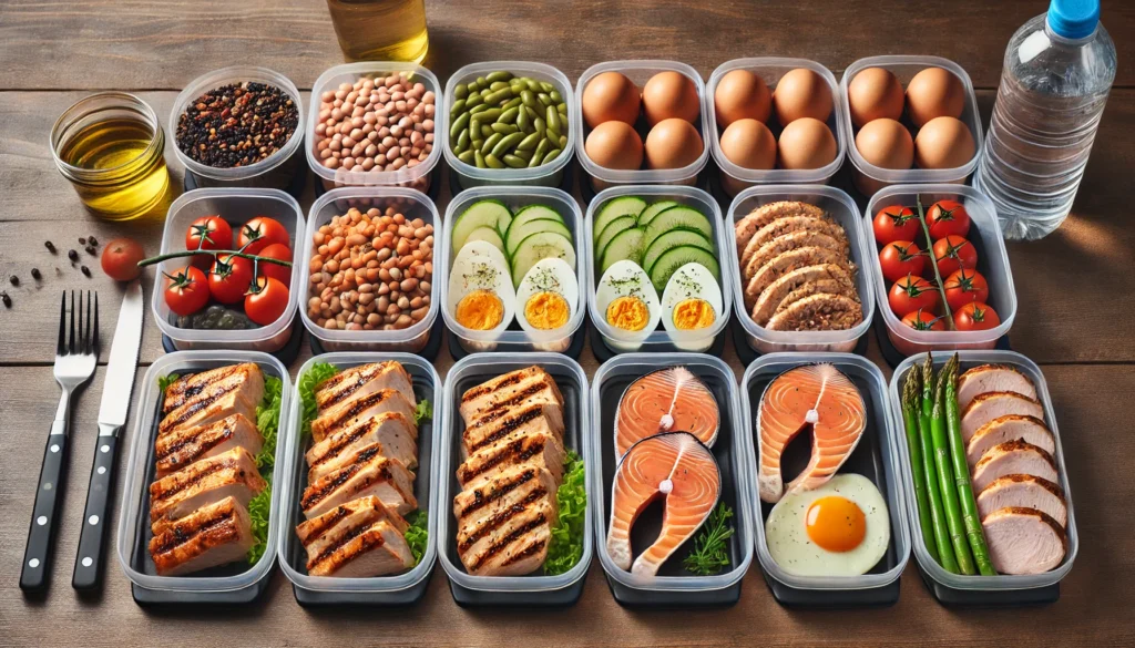 A fitness meal prep setup featuring grilled chicken, salmon, eggs, and legumes neatly arranged in meal containers on a wooden table. The image highlights protein-rich foods essential for muscle growth, emphasizing nutrition and meal planning for fitness goals.