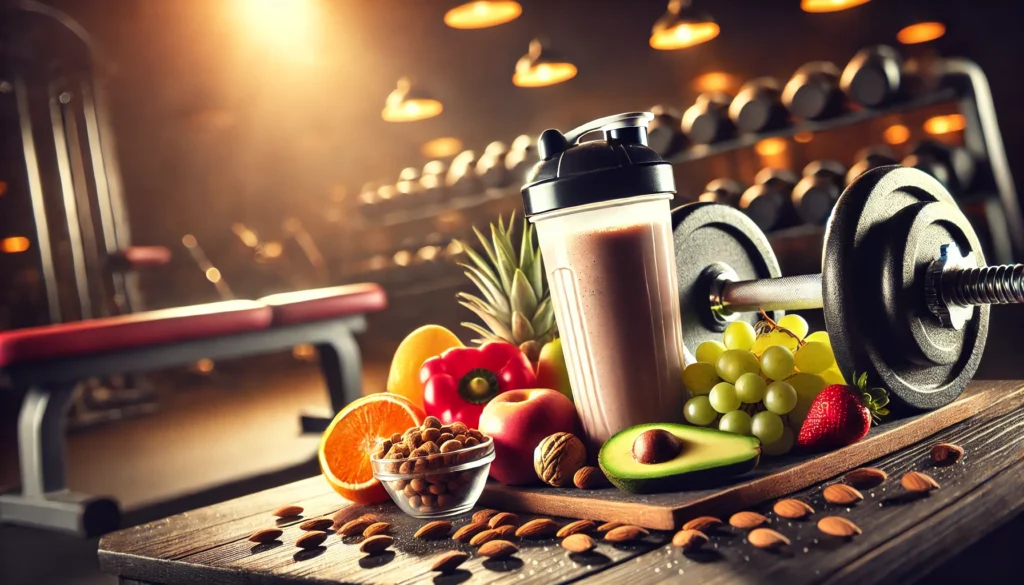 A fitness-themed scene with a protein shake, nuts, and fresh fruits on a gym bench, with dumbbells in the background, symbolizing the synergy between nutrition and exercise for muscle building and fat loss.