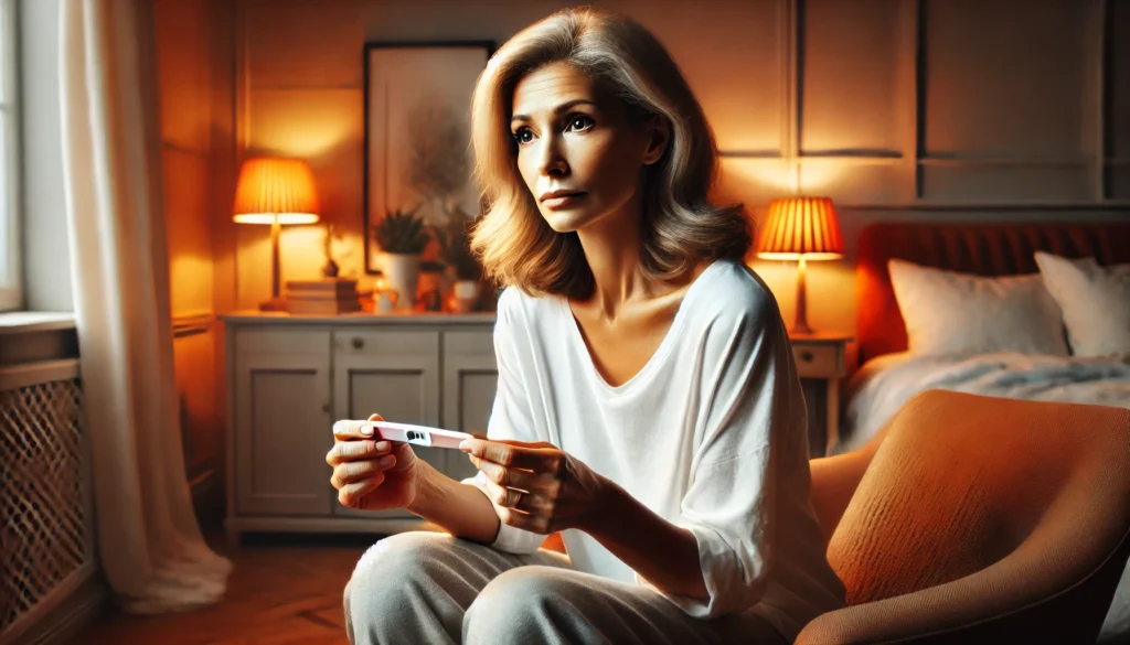  A middle-aged woman in her late 40s or early 50s sits in a softly lit bedroom, holding a pregnancy test with a look of surprise and contemplation. The setting conveys warmth and introspection, highlighting the uncertainty of pregnancy during menopause.