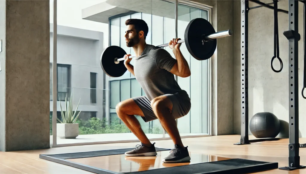 A strong, athletic man performing Bulgarian split squats on an elevated platform in a minimalist home gym, demonstrating balance, strength, and muscle control.