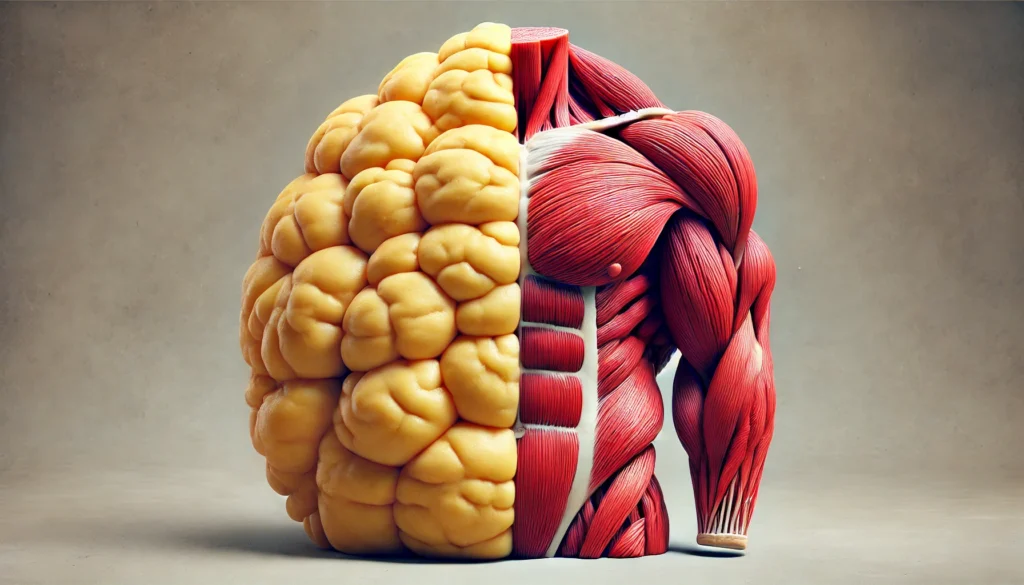 An artistic representation of the body’s muscle and fat storage, highlighting the biological differences between the soft, yellowish fat and sculpted, red muscle.