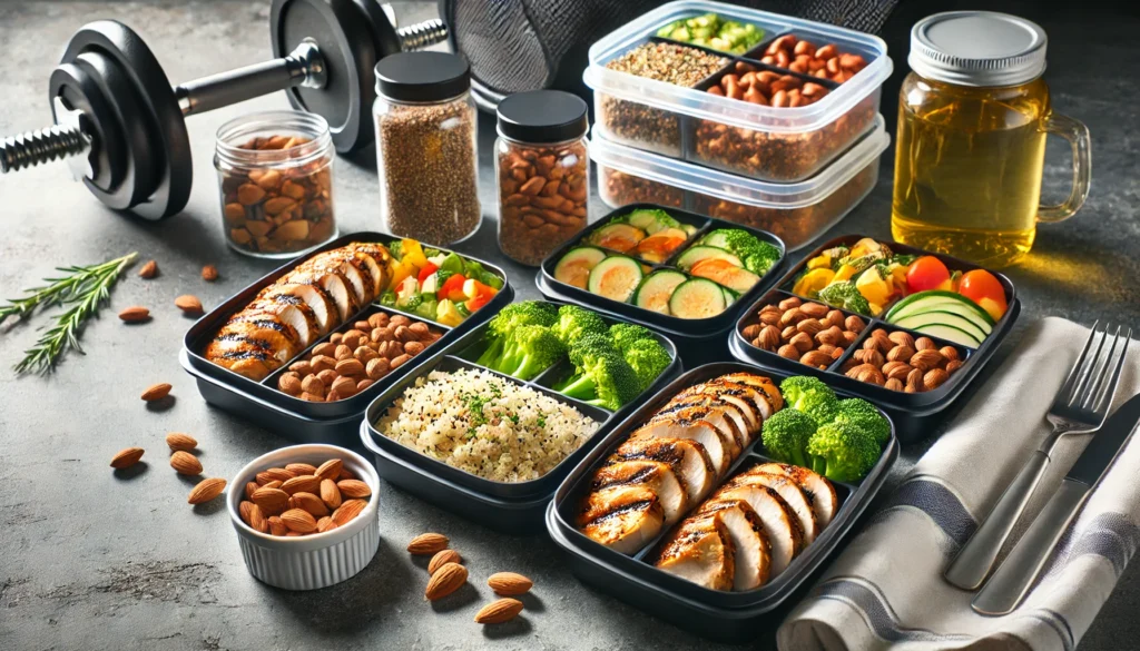 A meal prep scene showcasing high-protein meal containers filled with grilled chicken, quinoa, steamed vegetables, and nuts on a clean kitchen counter. Fitness accessories in the background highlight meal planning for muscle gain.