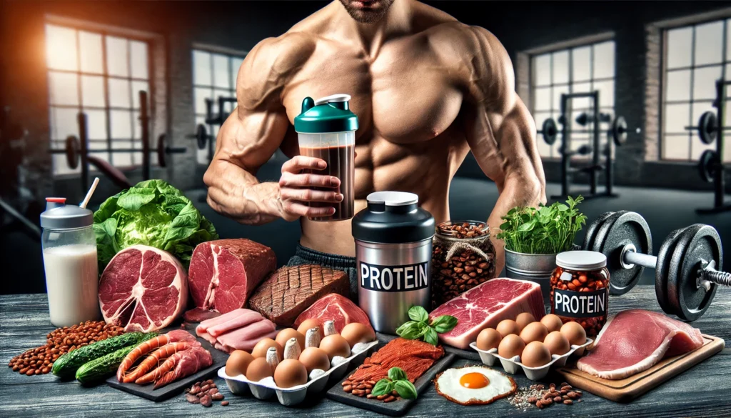 A muscular athlete in a gym setting holding a protein shake, with a table of protein-rich foods including meat, fish, eggs, and plant-based sources in the foreground. The image highlights the importance of protein intake for muscle growth and recovery.