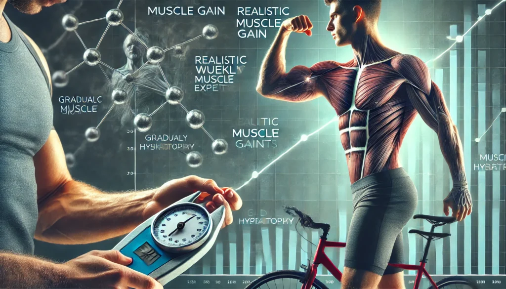 A fitness concept showing the realistic weekly muscle gain expectations, with an athlete measuring muscle growth using calipers and a scale. The background subtly incorporates a scientific graph illustrating gradual muscle hypertrophy.