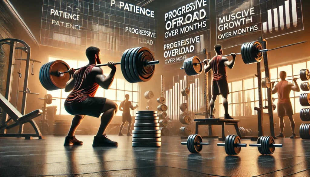 A gym scene highlighting the importance of consistency in muscle-building, with an athlete progressively lifting heavier weights over months. The setting emphasizes patience, progressive overload, and realistic muscle growth expectations.