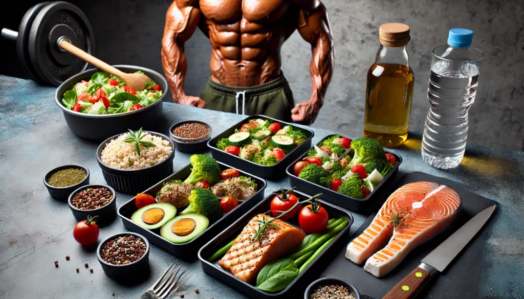 A meal prep scene designed for muscle-building, featuring high-protein meals with grilled chicken, salmon, quinoa, and vegetables. The background subtly emphasizes nutrition as a key factor in strength and muscle gain.