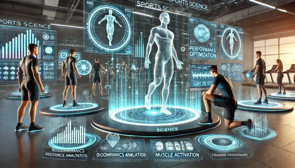 A futuristic sports science lab where elite athletes undergo performance optimization. The setting includes biomechanics analysis, muscle activation tracking, and expert trainers making real-time adjustments using holographic performance data."