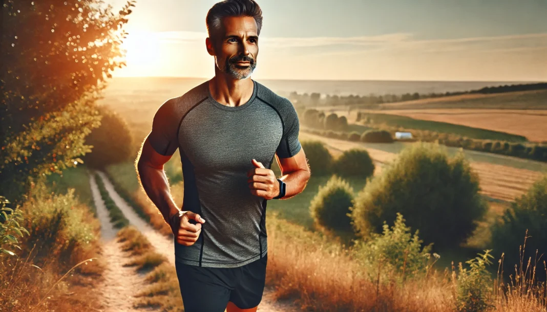 A fit and healthy middle-aged man jogging on a scenic trail during sunrise. He wears athletic clothing and looks energized. The background features a natural landscape with trees and open skies, highlighting the benefits of an active lifestyle for cardiovascular health.