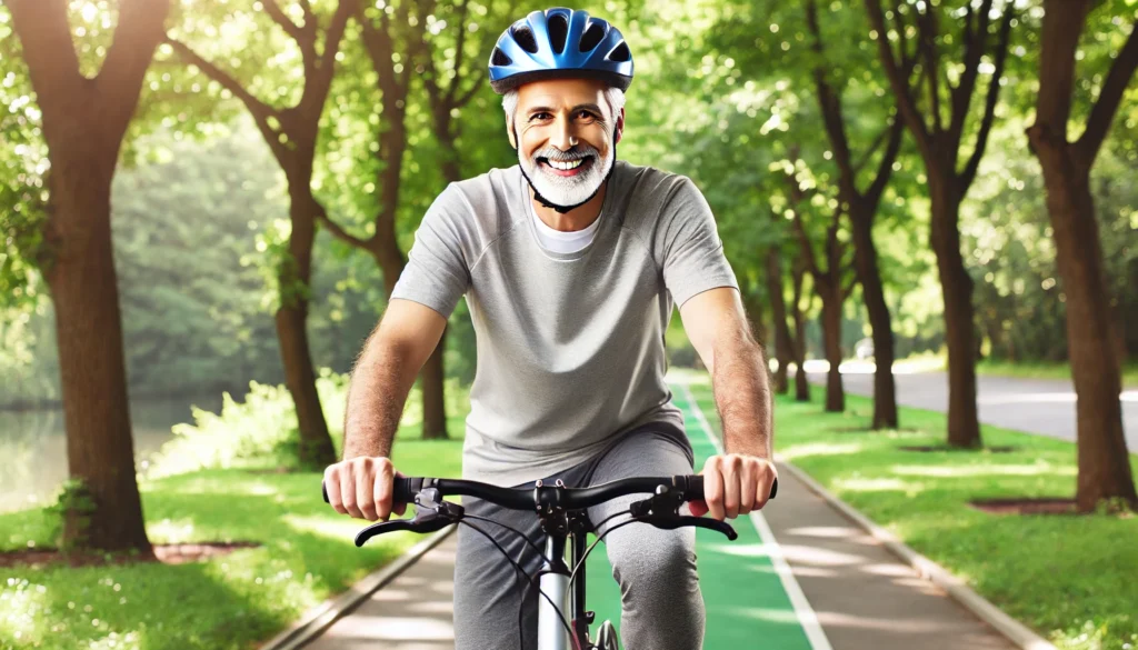 A happy, healthy older man cycles in a park on a sunny day. He wears a helmet and sports attire while riding a bicycle along a scenic path lined with trees. The bright, fresh environment symbolizes an active lifestyle for maintaining heart health.