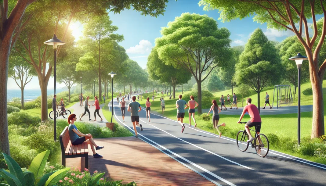 People jogging, walking, and cycling on a scenic park trail surrounded by lush green trees under a clear blue sky, promoting heart-healthy exercise.