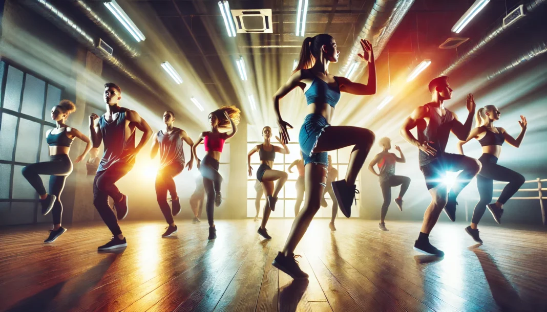 A dynamic image of a group of people performing synchronized aerobic exercises in a brightly lit gym, showcasing high-energy endurance training.